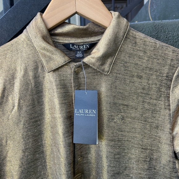 NWT Lauren Ralph Lauren Metallic Gold Polo Shirt Preppy Quiet Luxury Sz Small - Picture 2 of 5
